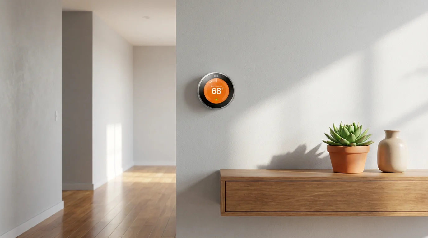 A Nest-style smart thermostat on a gray wall in a bright, sunlit modern hallway.