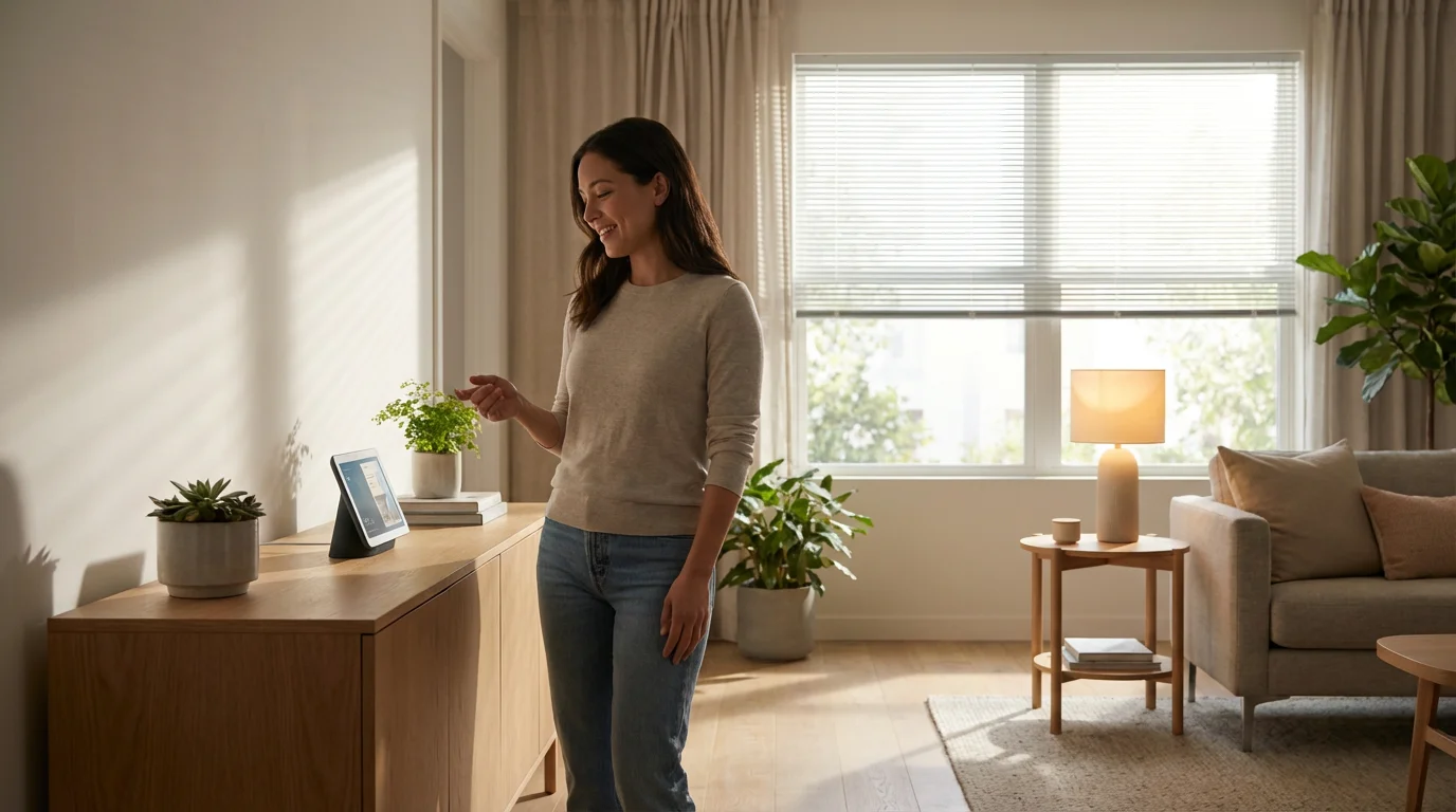 A person activating a custom smart home routine with their voice in the morning.