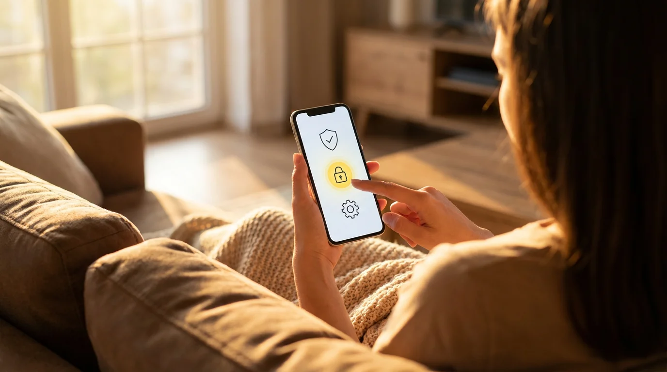 A person adjusts security and privacy settings for their smart home on a smartphone.