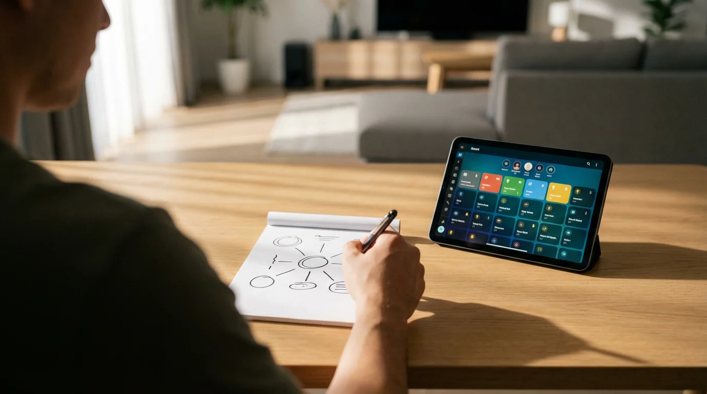 A person at a desk planning a smart home system on a notepad.