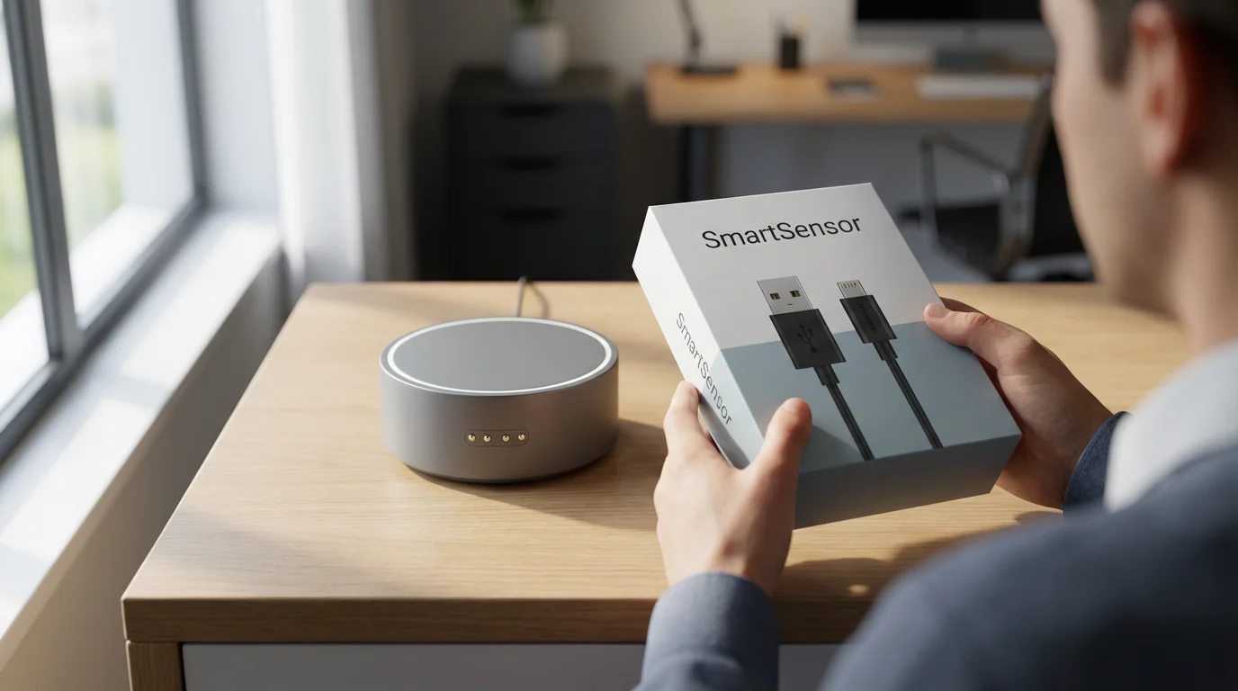 A person at a desk unable to connect a new smart device to their hub.