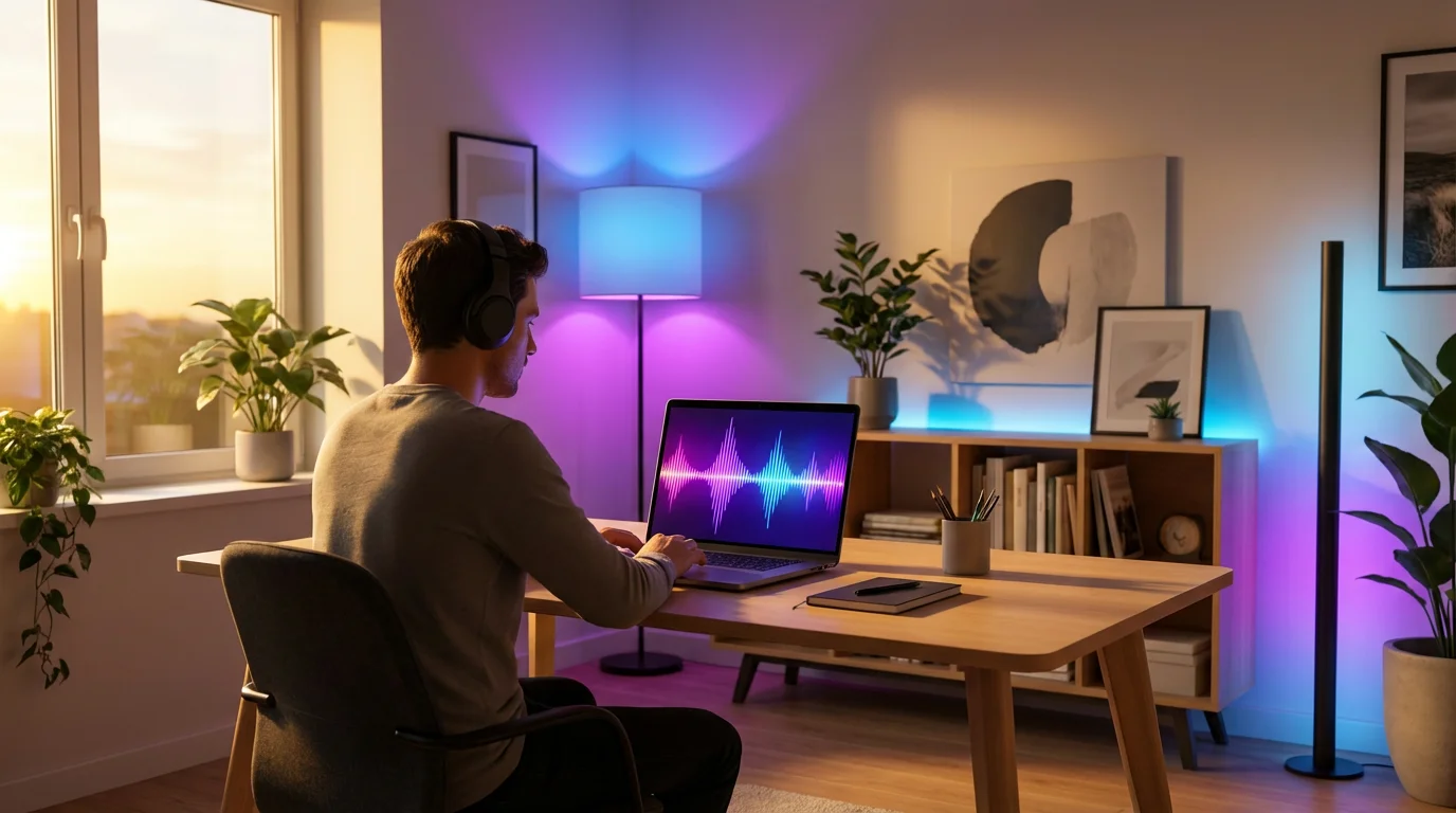 A person at a desk using a laptop with smart lights syncing to the screen.