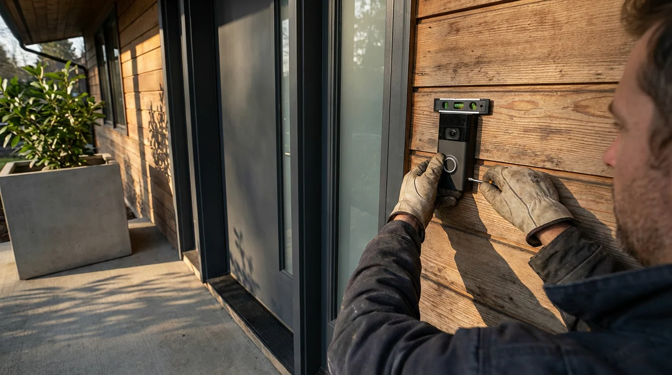 A person carefully installing a modern video doorbell next to a front door.