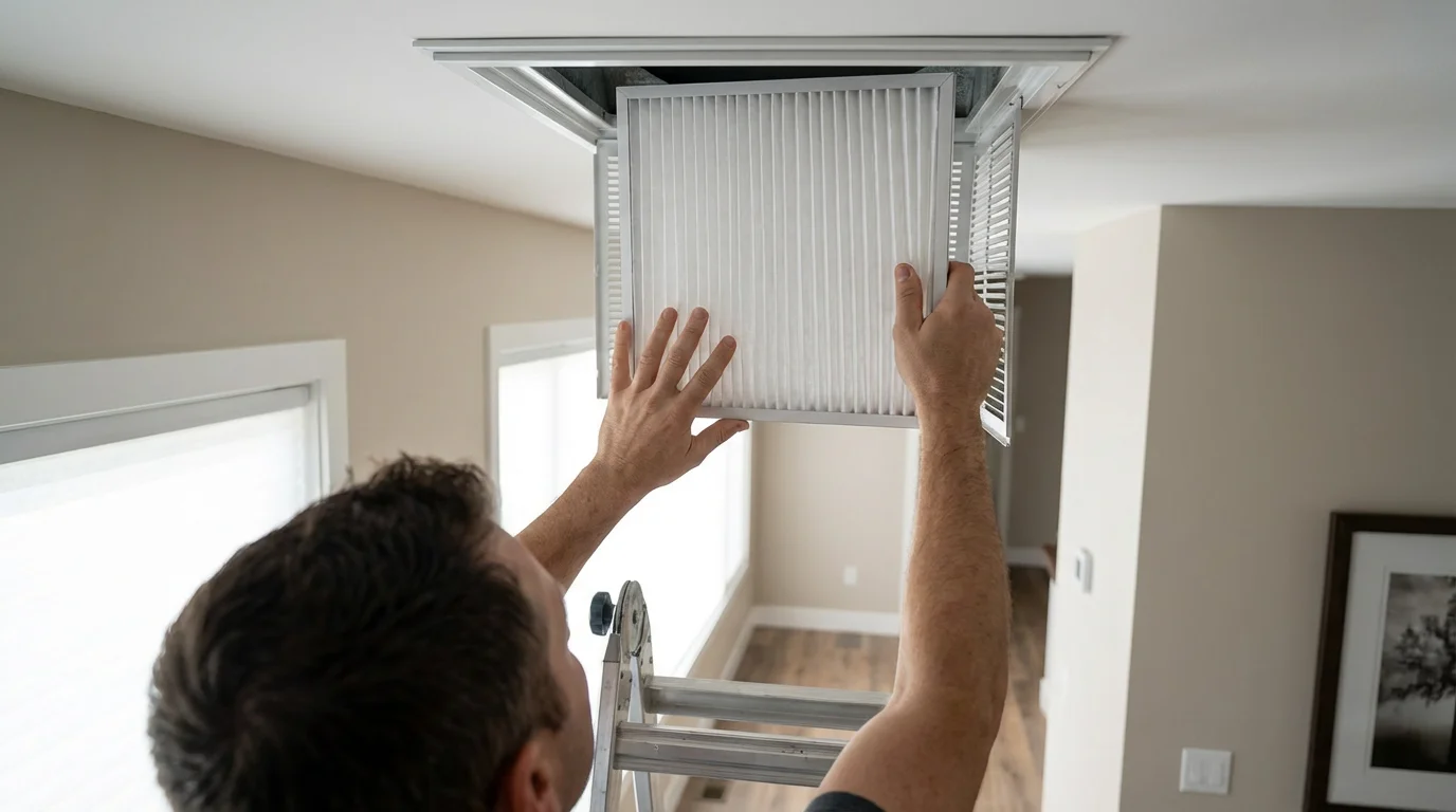 A person changing a clean air filter in a home HVAC system ceiling vent.