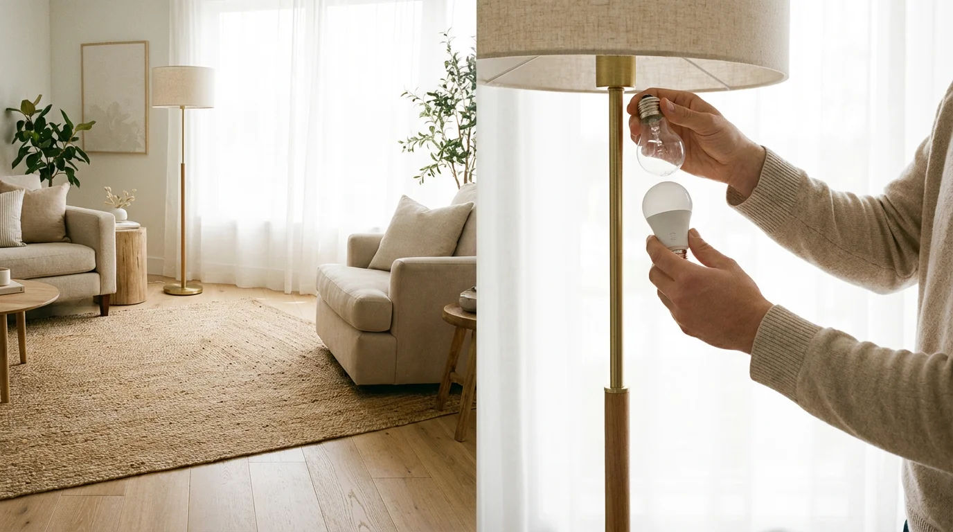 A person changing a lightbulb to a smart bulb in a floor lamp.