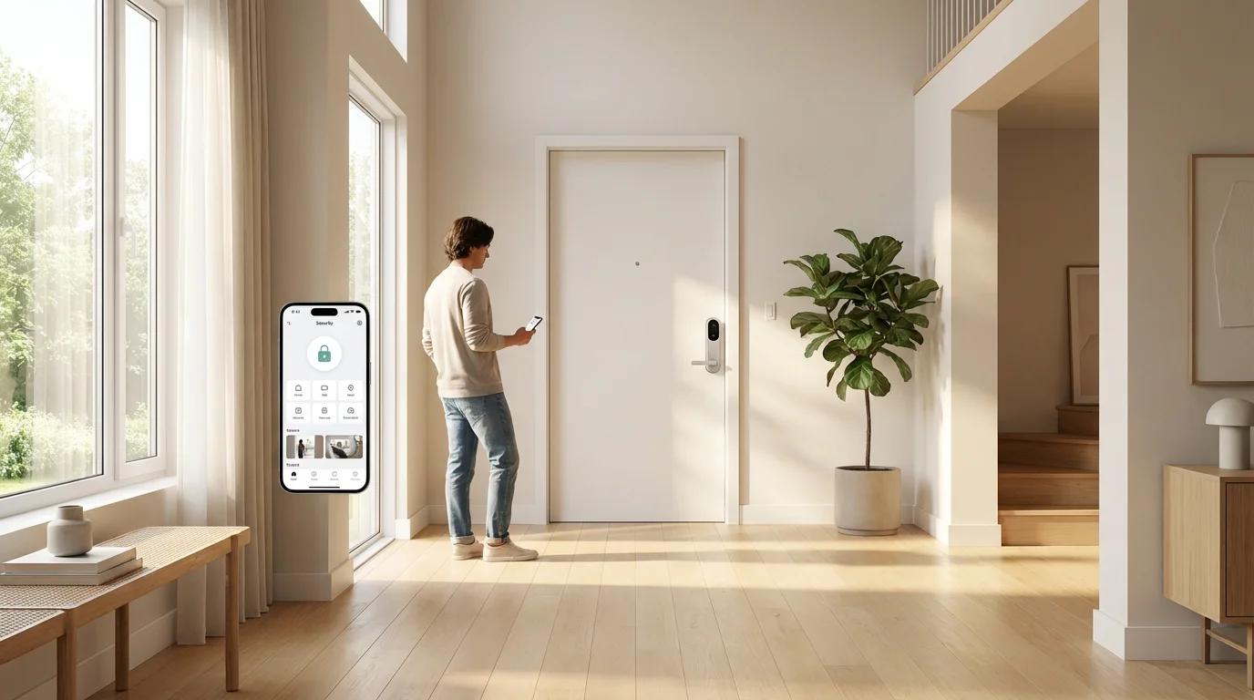 A person checks their home security on a smartphone in a bright, modern entryway.