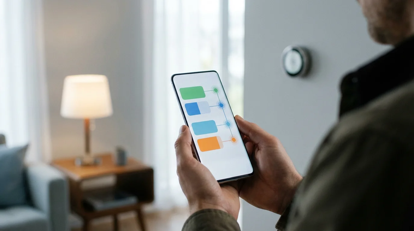 A person connects smart home devices, like a lamp and thermostat, using a smartphone.