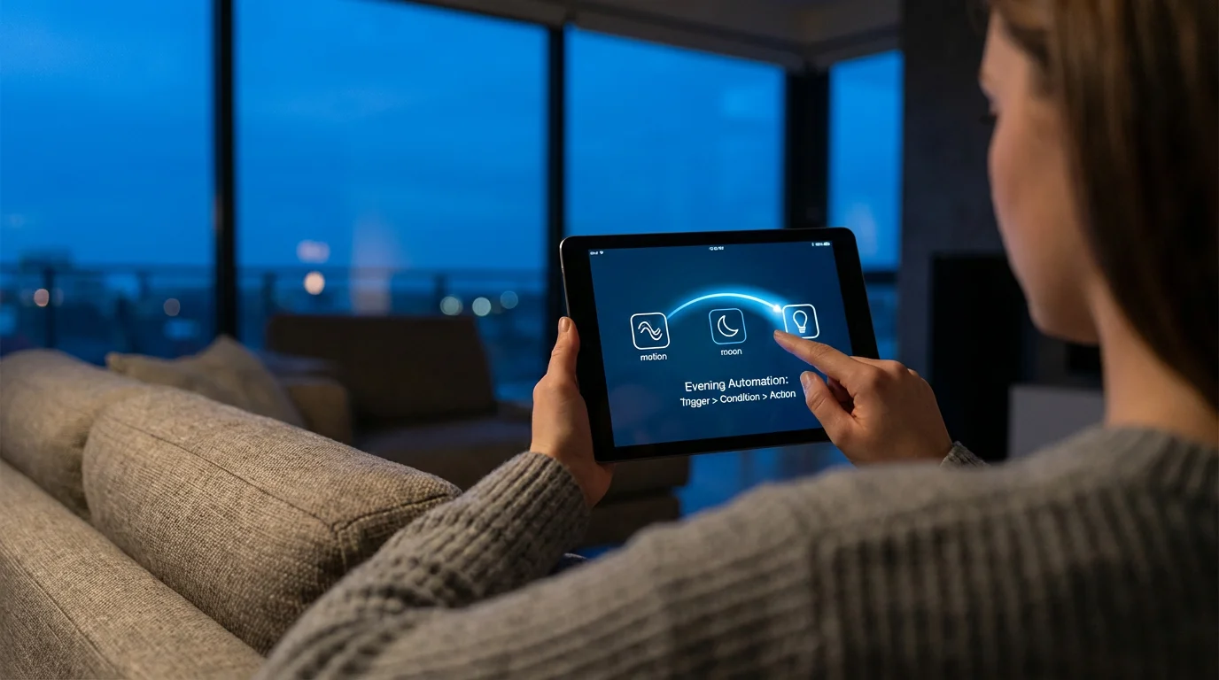 A person creating a smart home automation chain with icons on a tablet.