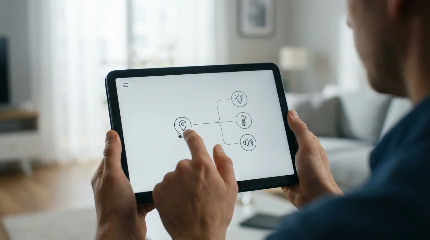 A person creating a smart home guest mode automation on a tablet screen.