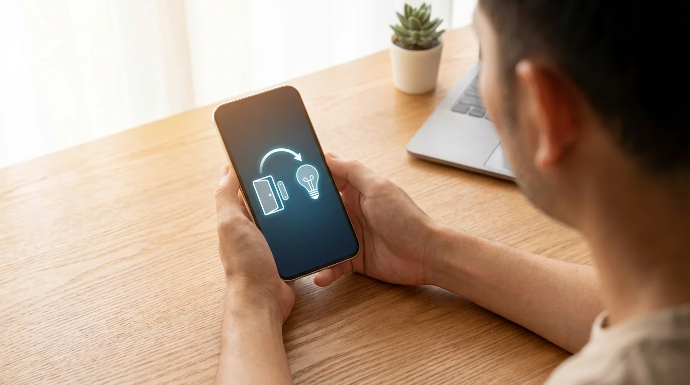 A person creating a smart home security automation on their smartphone at a desk.