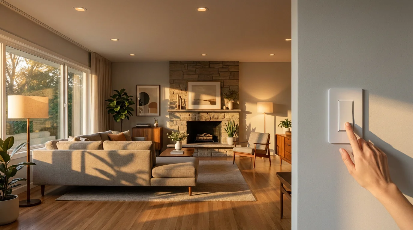 A person dims the lights in a modern living room at sunset using a smart switch.