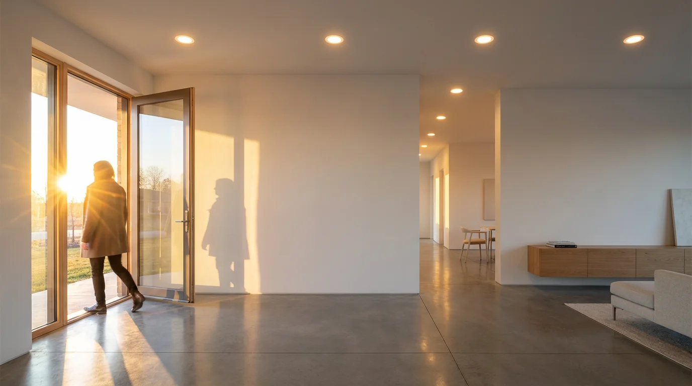A person entering a modern home as automated entryway lights turn on at sunset.