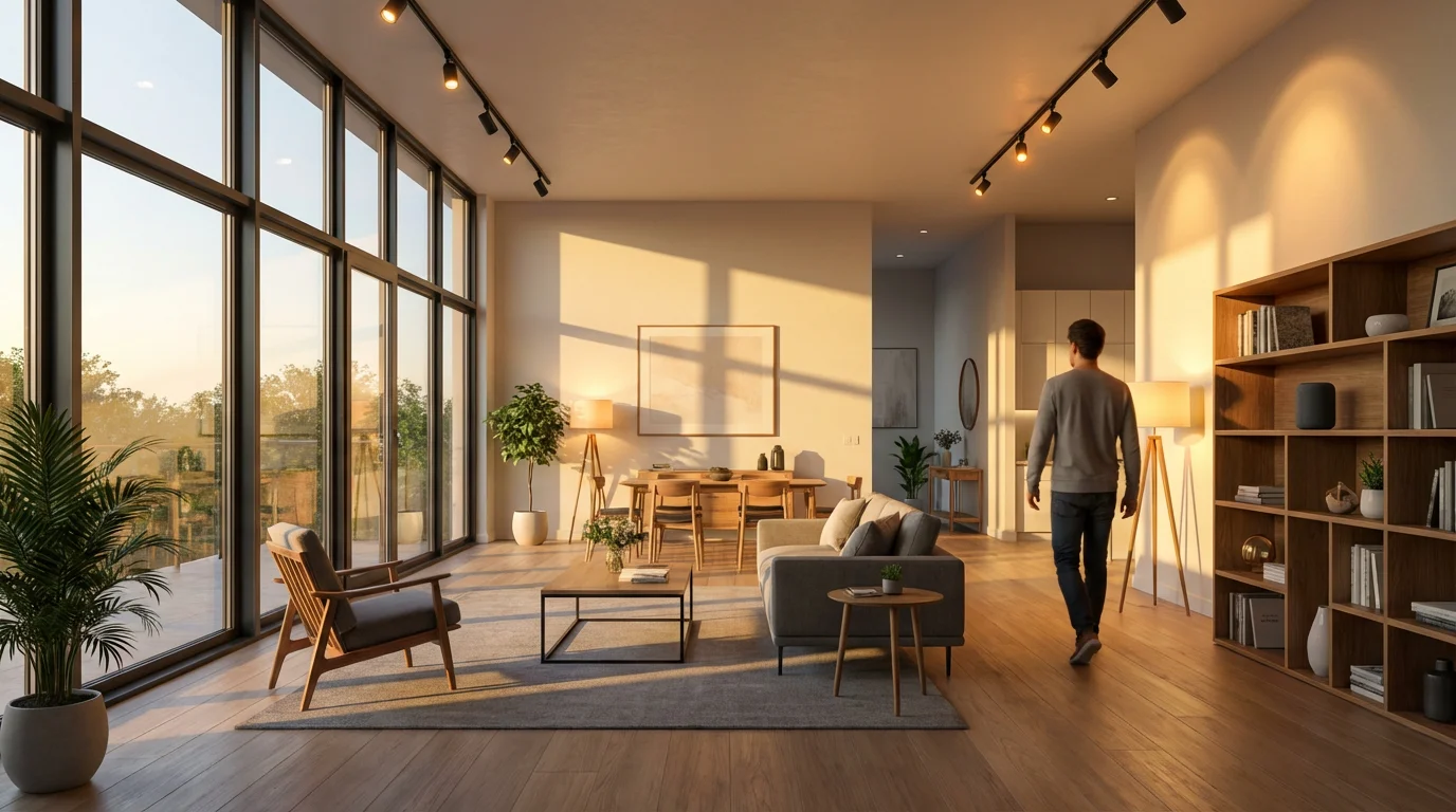 A person entering a modern living room at sunset as smart lights automatically turn on.