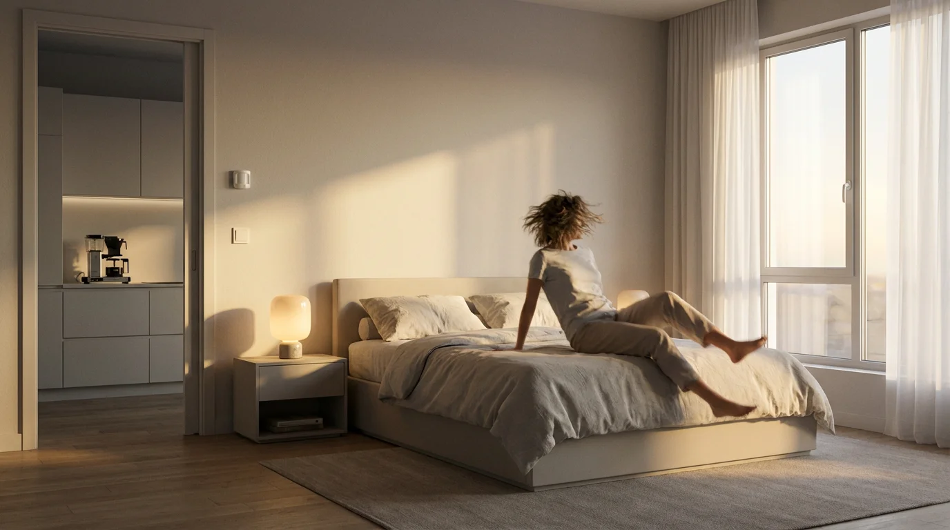 A person gets out of bed as a smart lamp glows and coffee brews automatically.