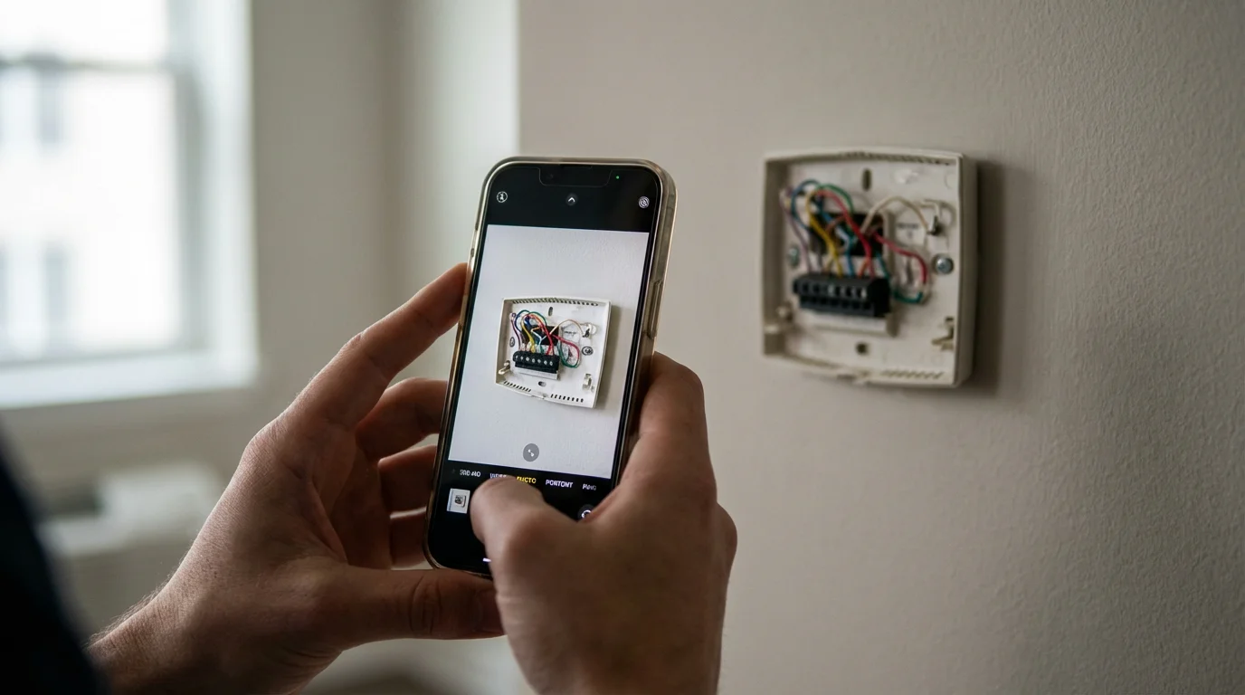 A person holding a smartphone showing a photo of their old thermostat's wiring.