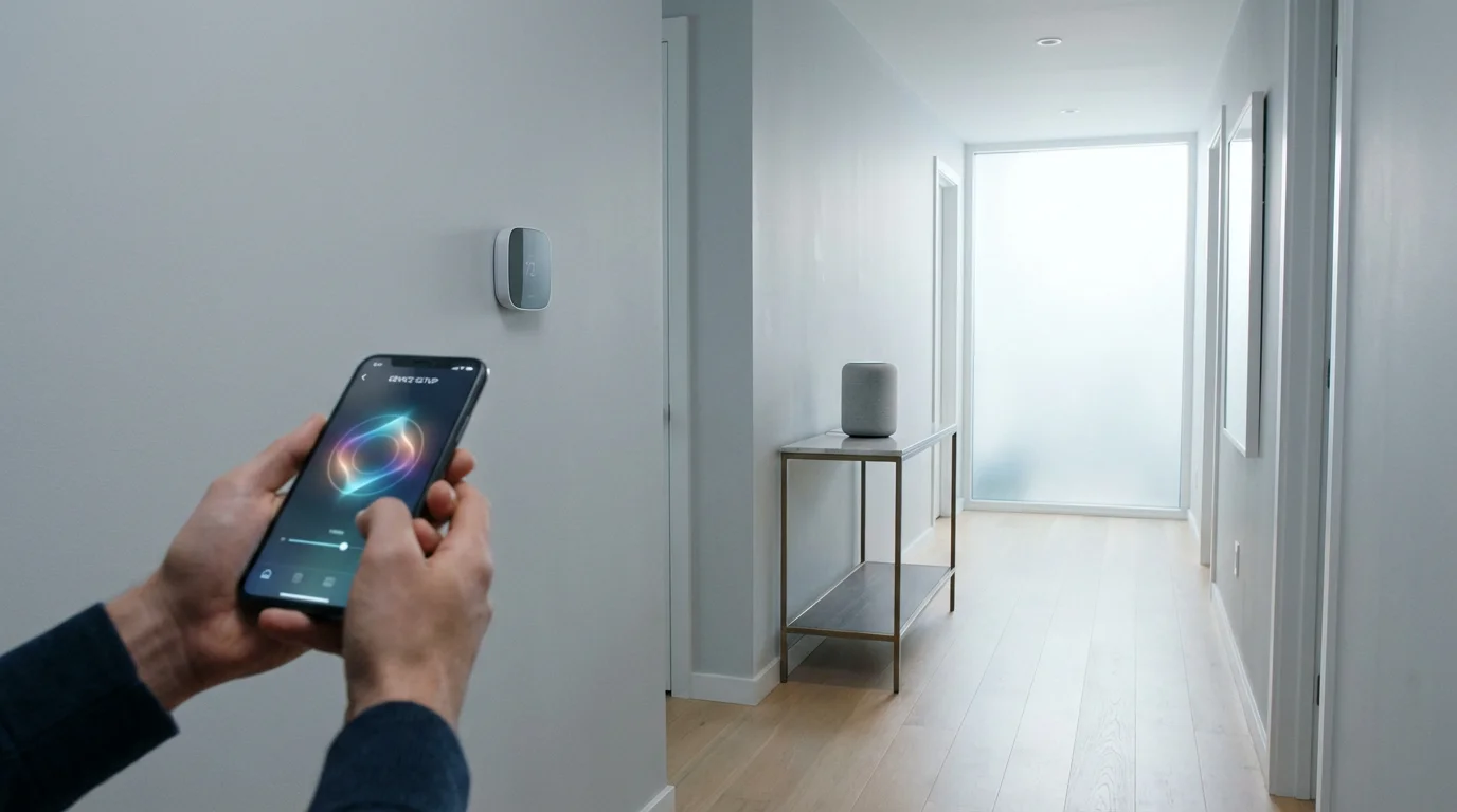 A person holding a smartphone to set up a smart thermostat in a modern hallway.
