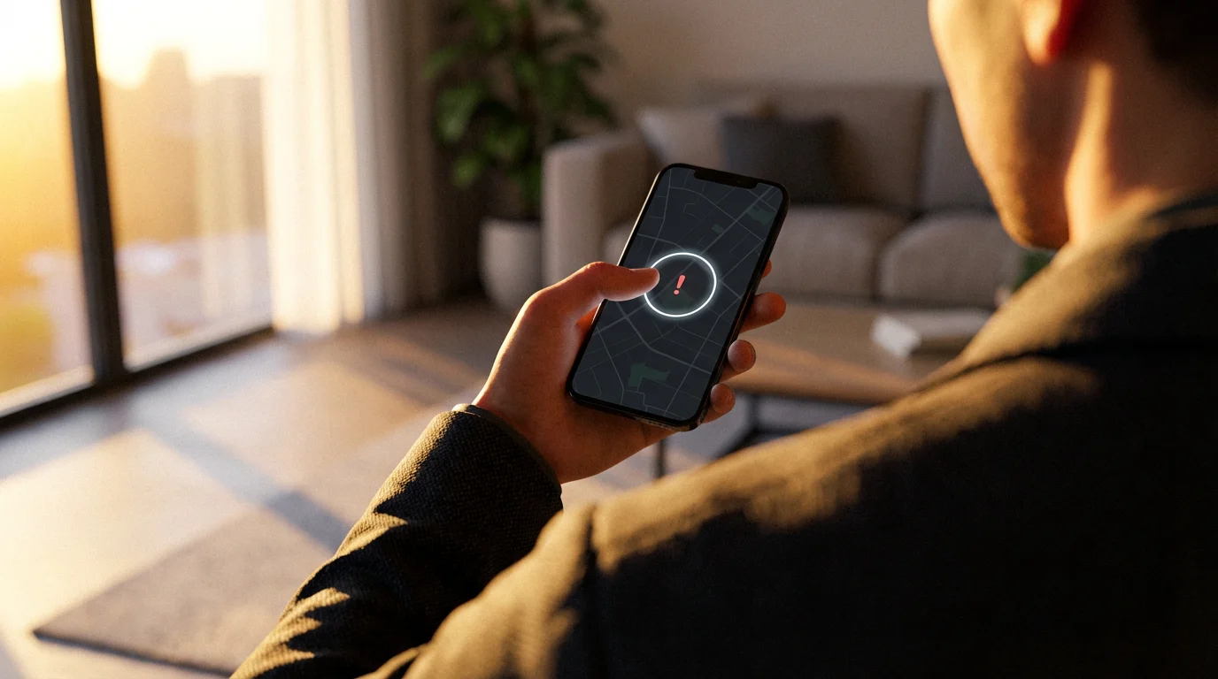 A person holding a smartphone, troubleshooting a geofencing error on a map interface.