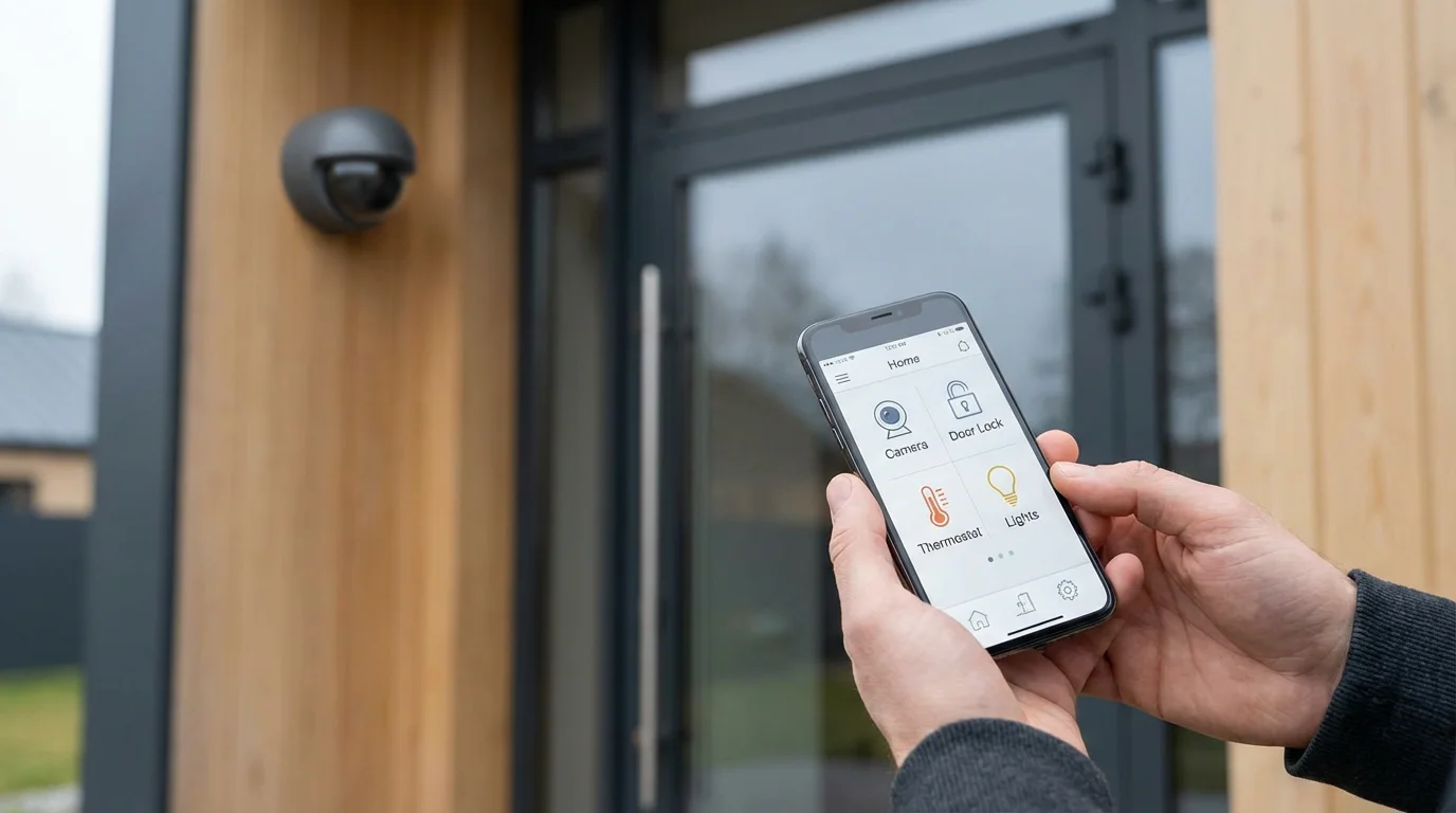 A person holds a smartphone with a smart home app; a security camera is installed.
