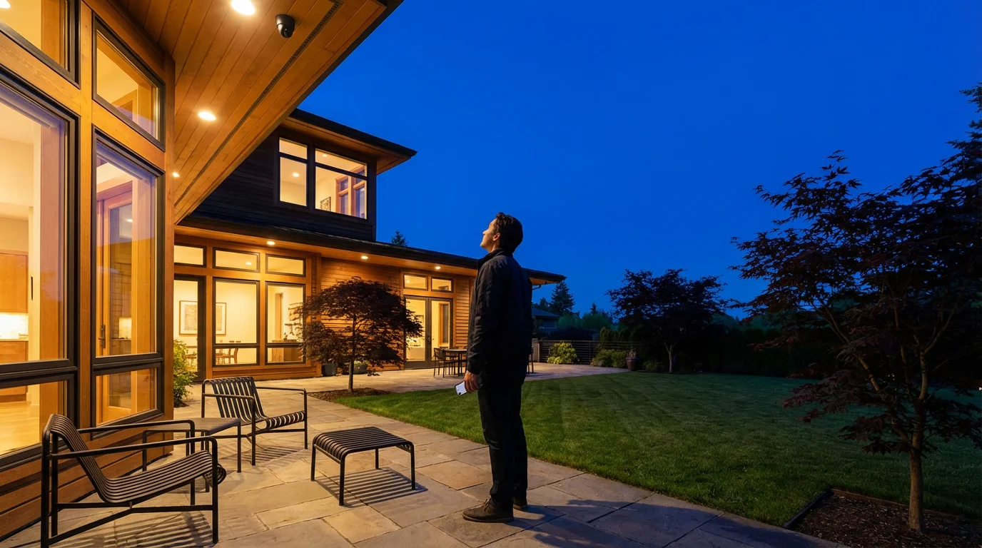 A person in a backyard at dusk, planning security camera motion detection zones.