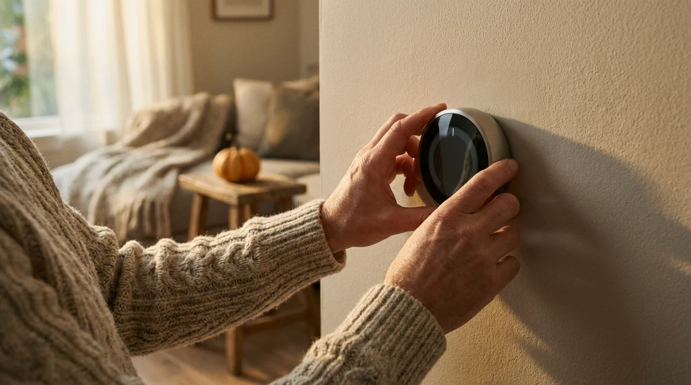 A person in a cozy sweater adjusts a modern smart thermostat for fall.