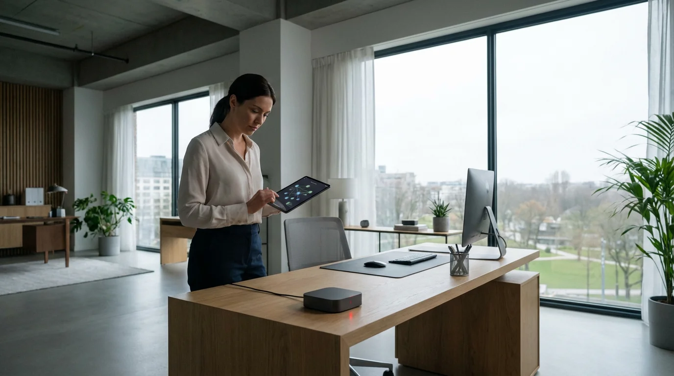 A person in a modern home office troubleshooting a malfunctioning smart home hub device.