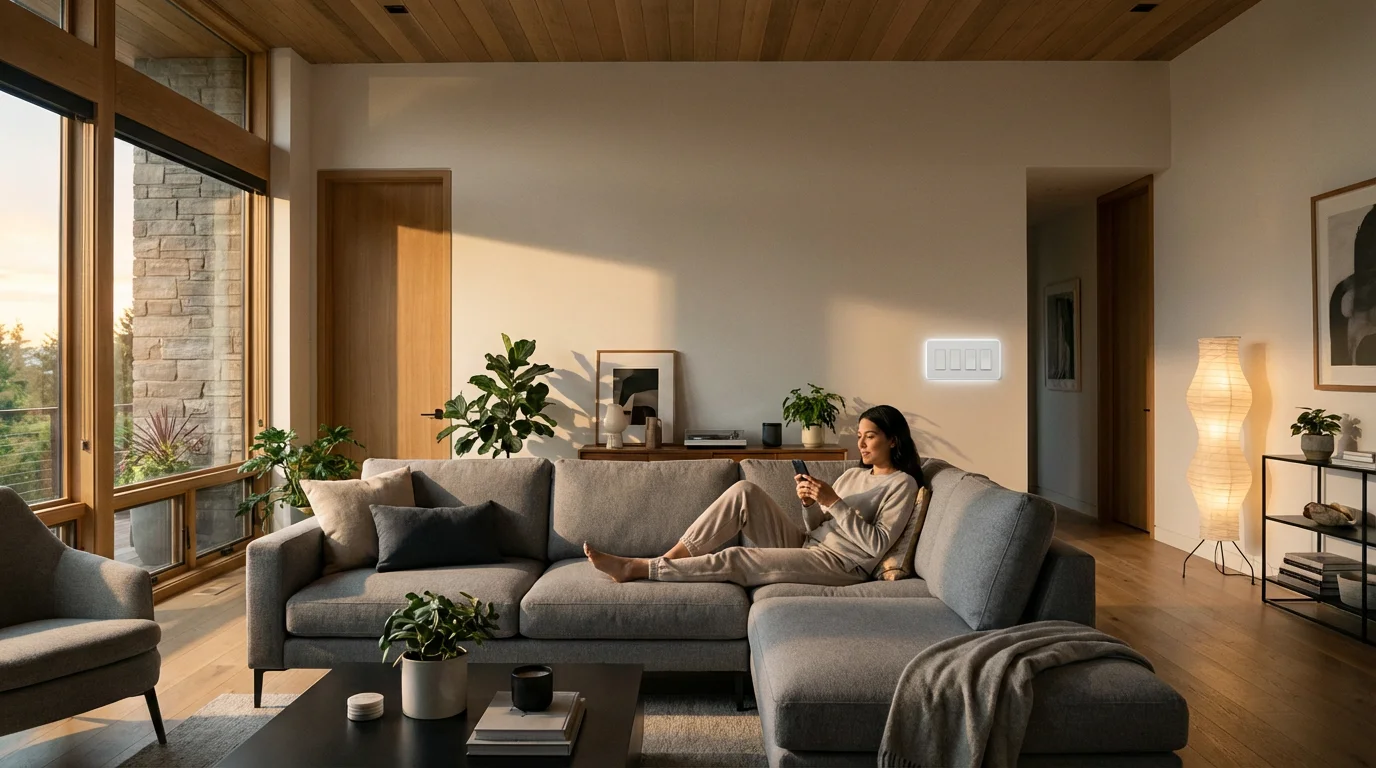 A person in a modern, sunlit living room using a smartphone to control smart lighting.