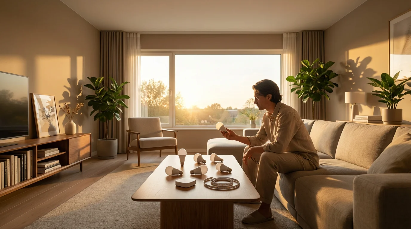 A person in a sunlit living room considering different smart bulbs and lighting options.
