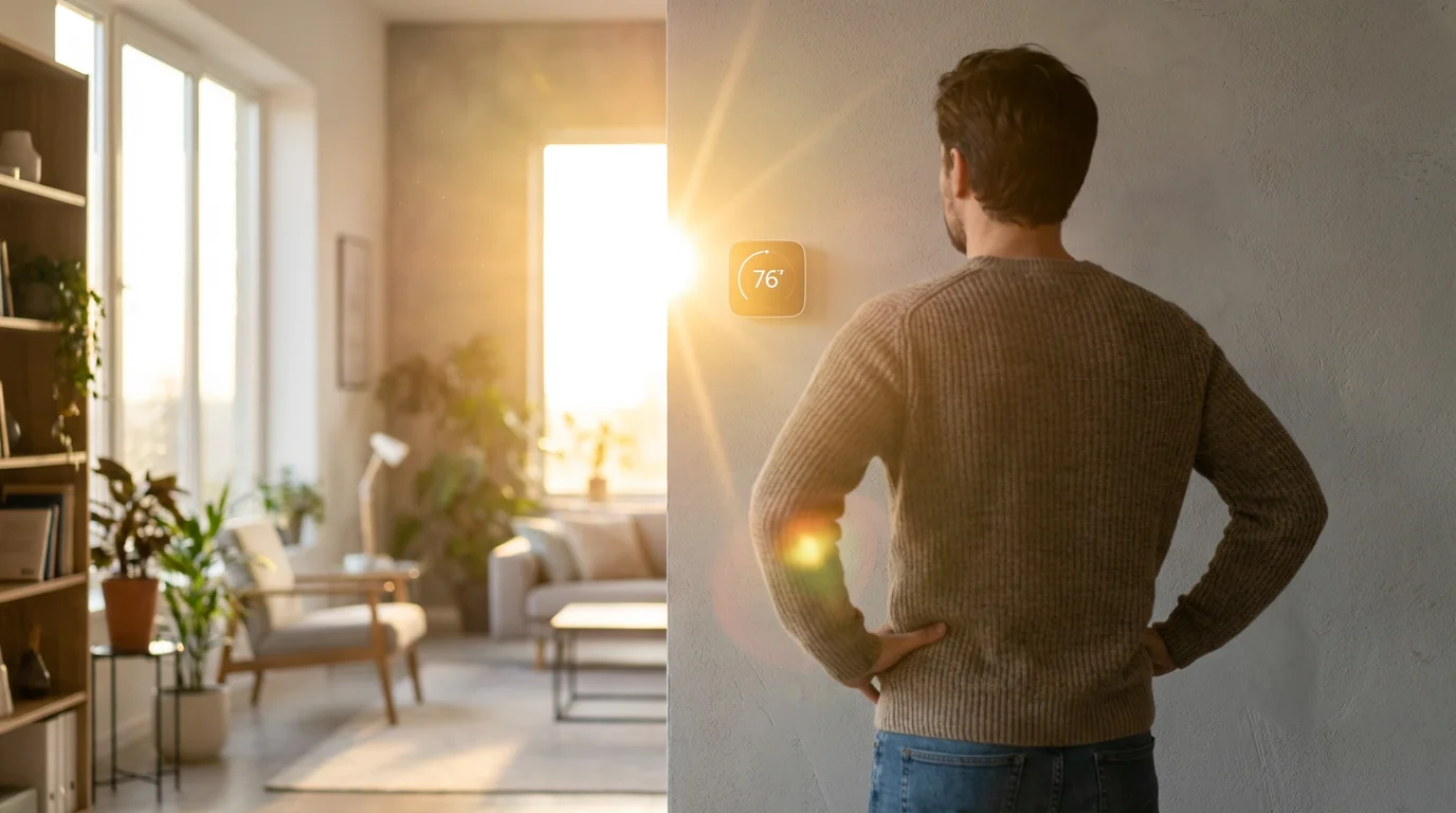A person looking at a smart thermostat on a wall being hit by direct sunlight.