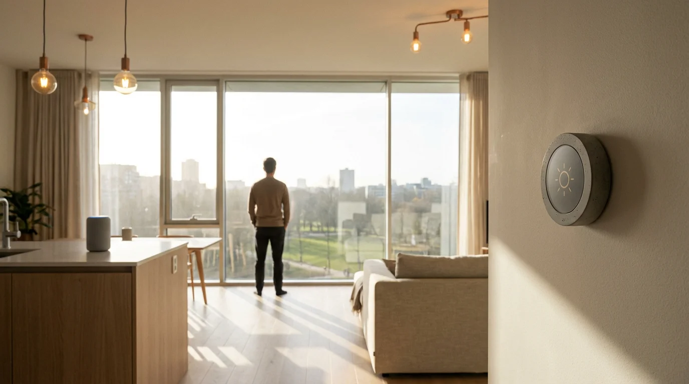A person looking out the window of a modern, sunlit smart home living room.