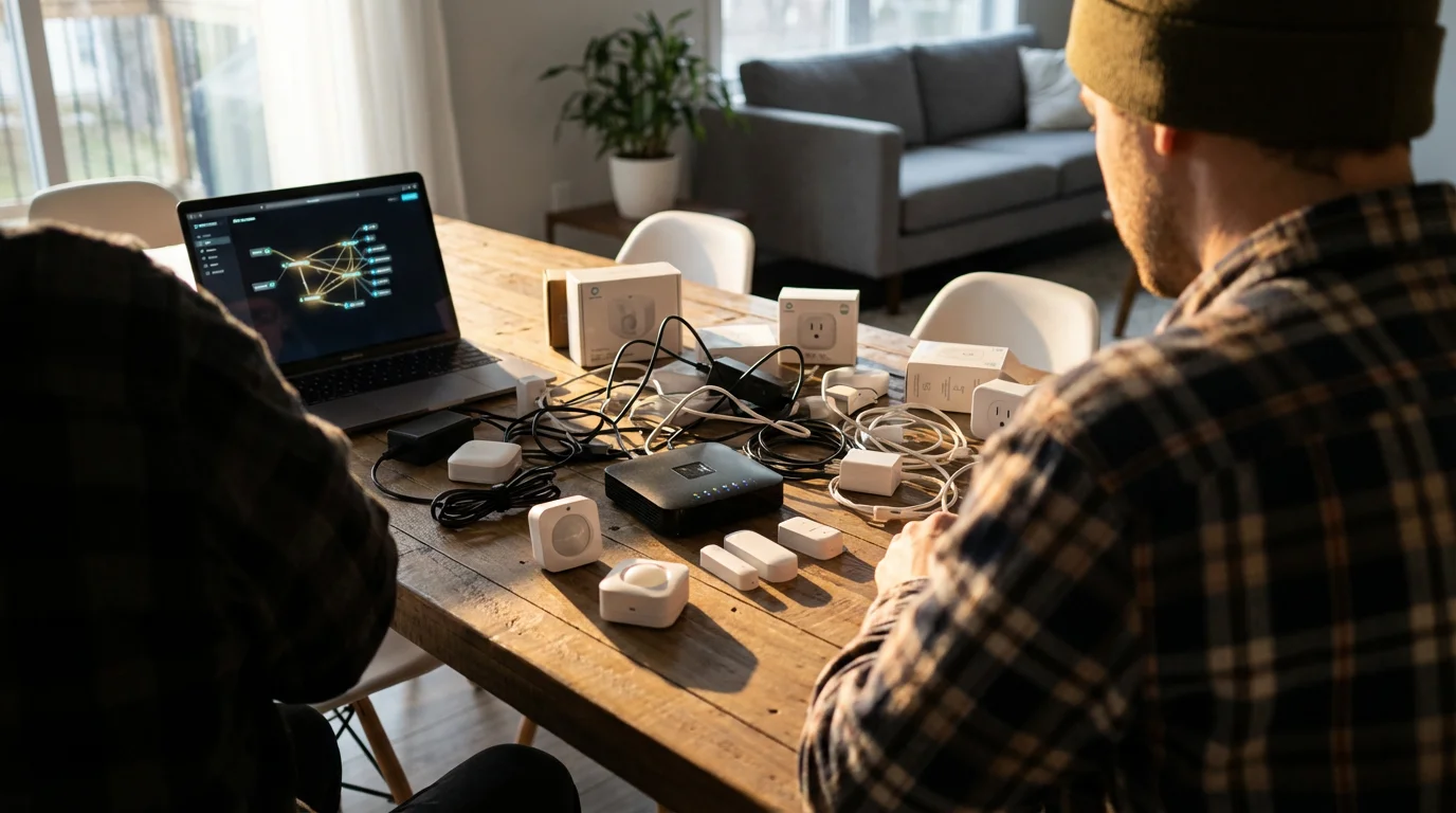 A person looks at a messy table full of tangled smart home gadgets.