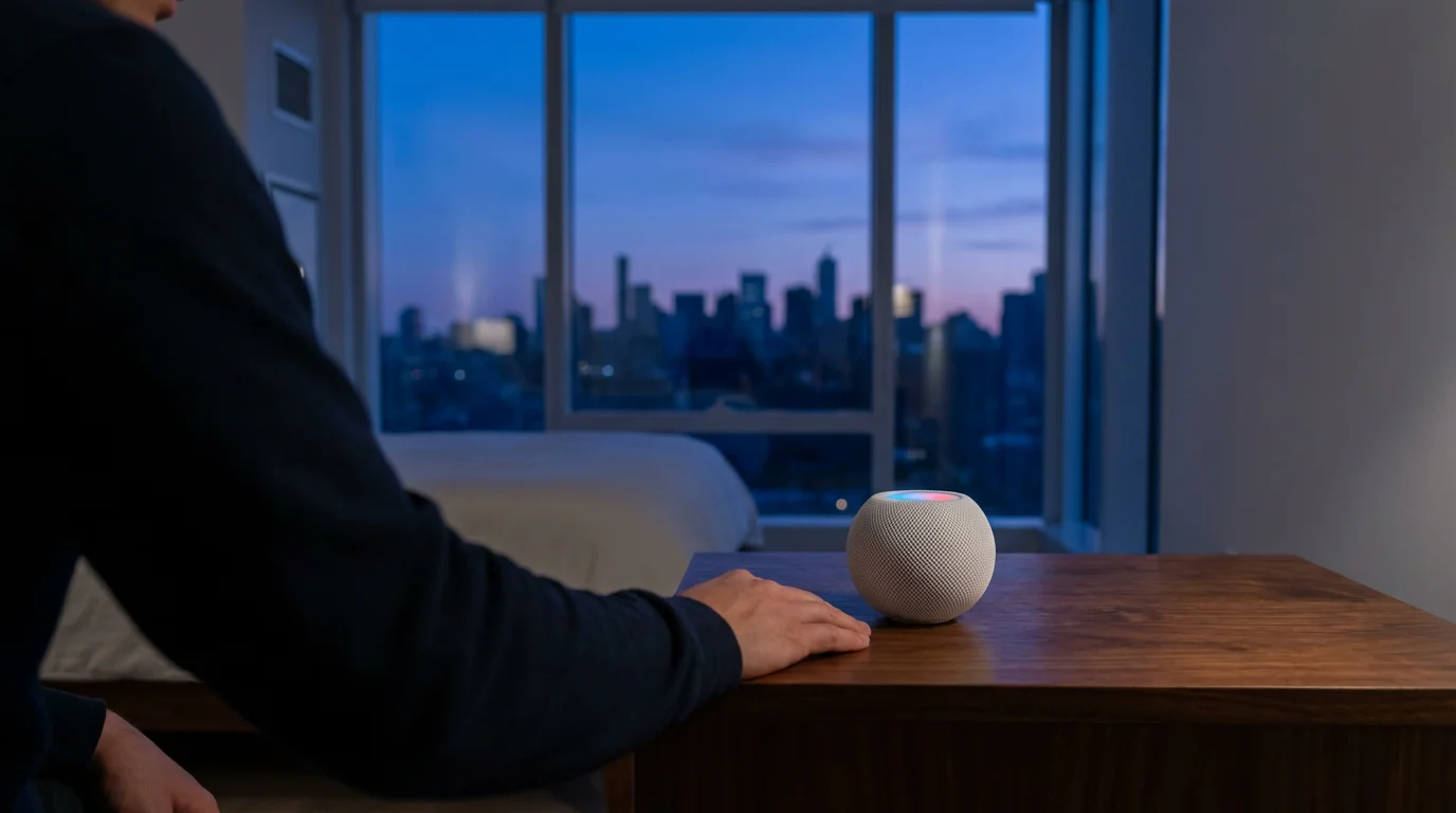 A person next to a glowing white Apple HomePod Mini at dusk.