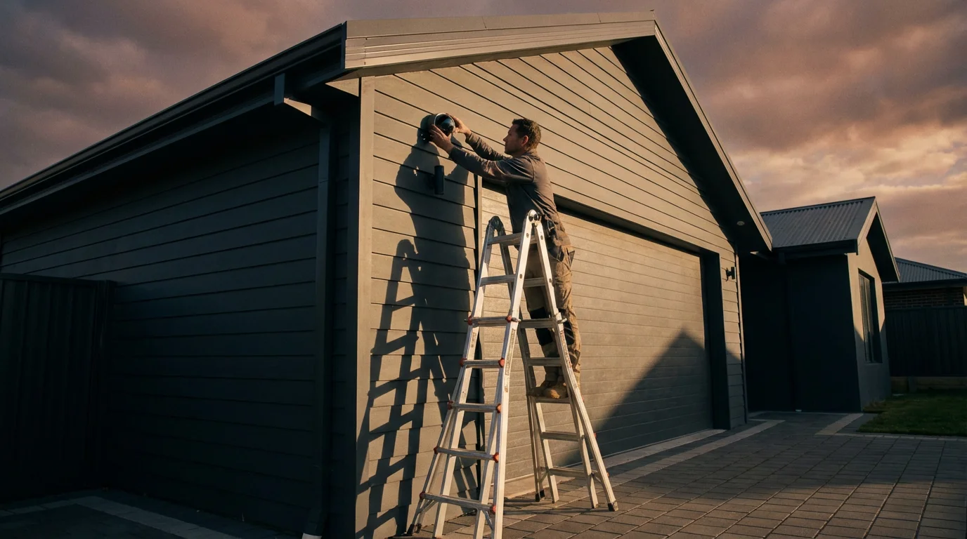 A person on a ladder carefully installing a modern home security camera during a sunny afternoon.