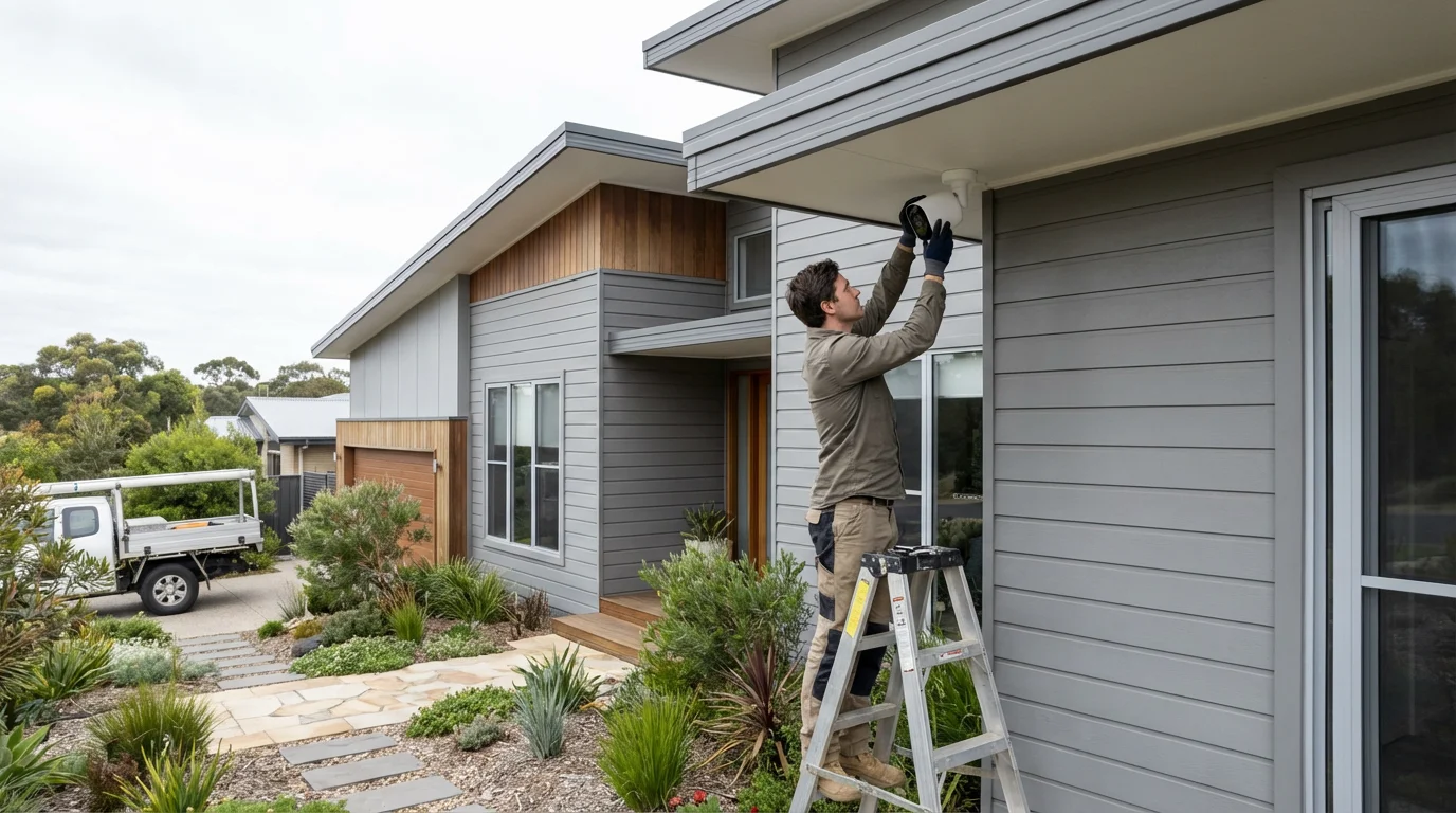 A person on a ladder inspects an outdoor security camera on a modern house.