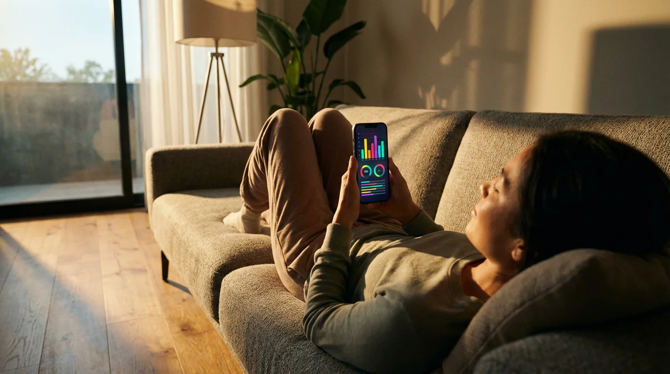 A person on a sofa at golden hour views an abstract energy report on their smartphone.