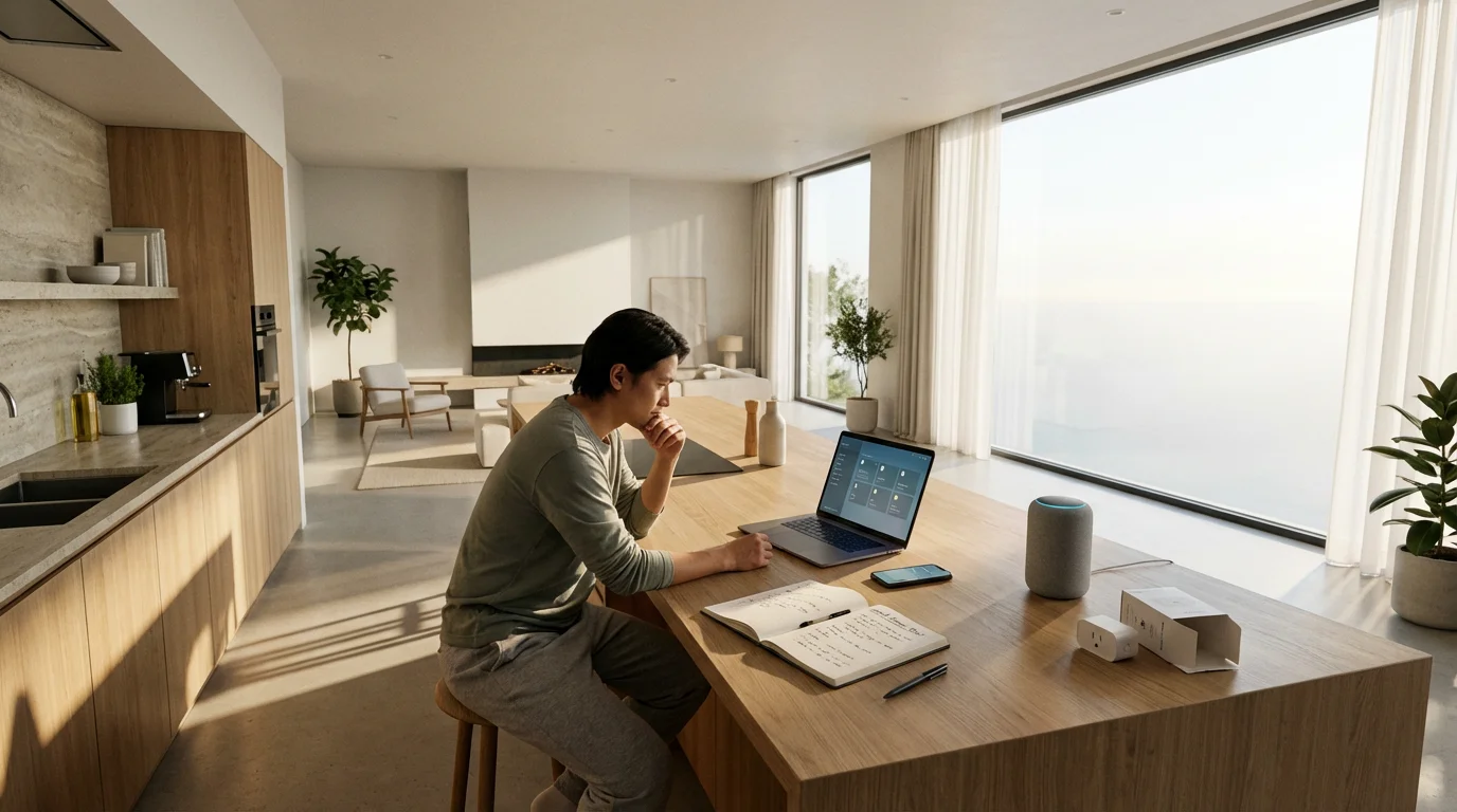 A person planning their smart home layout in a modern kitchen with morning light.