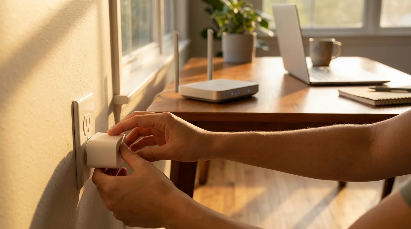 A person plugs a WiFi smart plug into a wall outlet during golden hour.