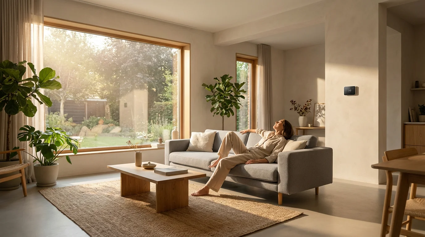 A person relaxing in a bright, modern living room with a smart thermostat.