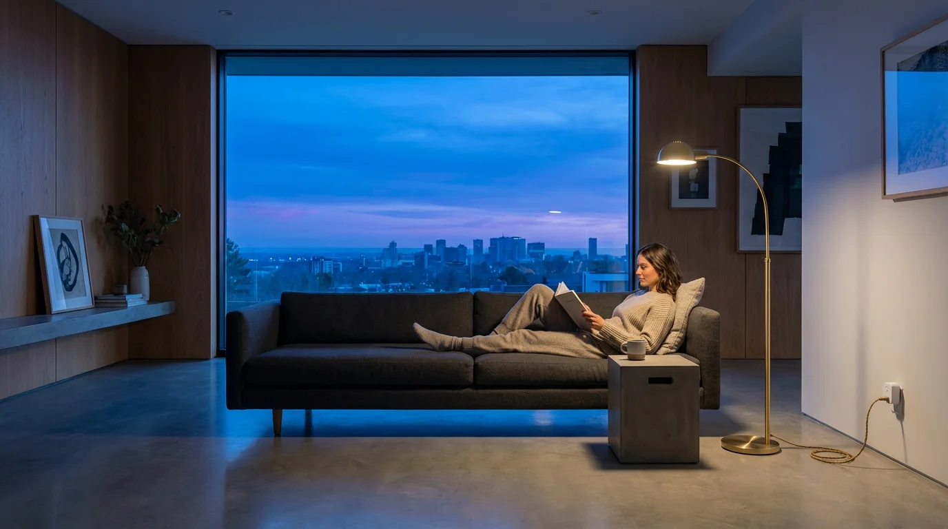 A person relaxing in a modern living room at dusk with a smart-controlled floor lamp.