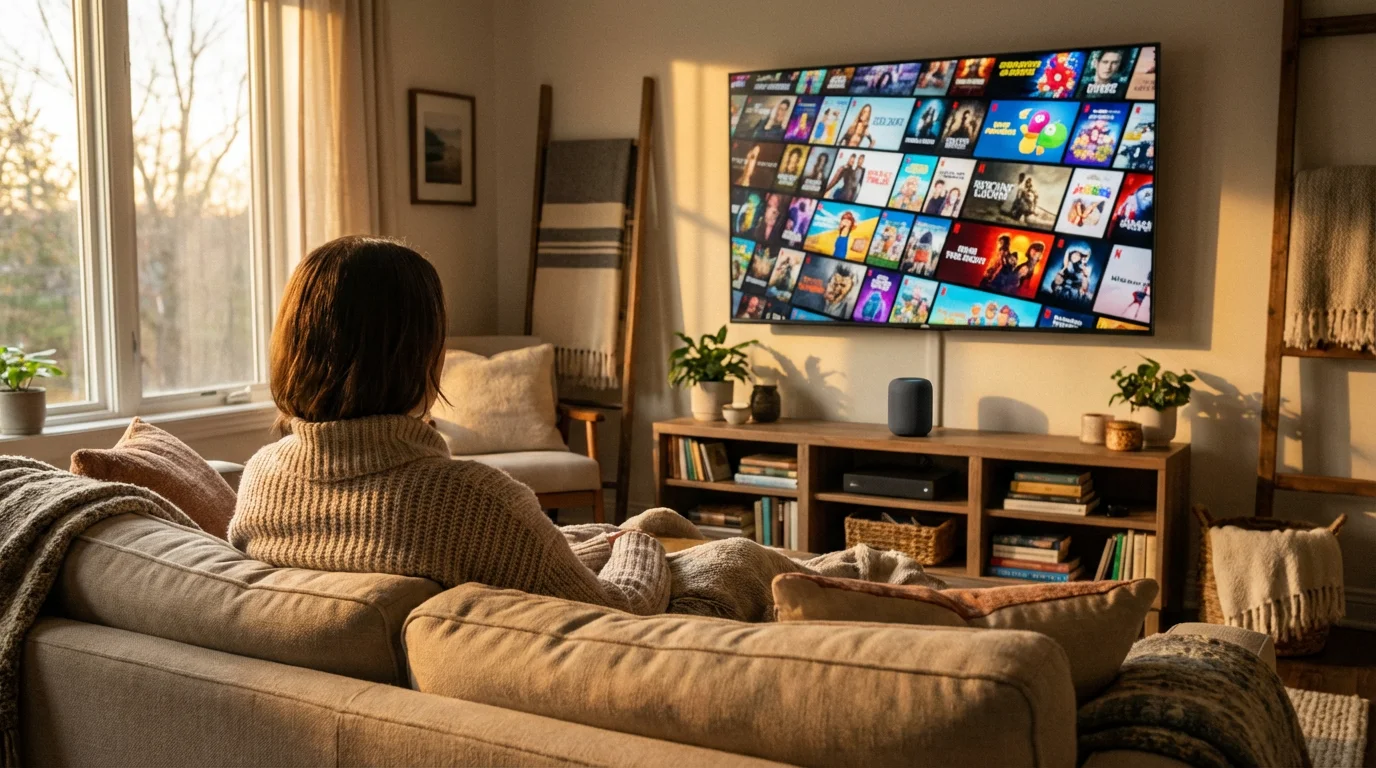 A person relaxing on a sofa using a smart speaker to browse media on a TV.