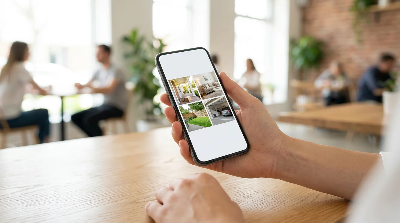 A person remotely viewing a grid of four home security camera feeds on a smartphone.