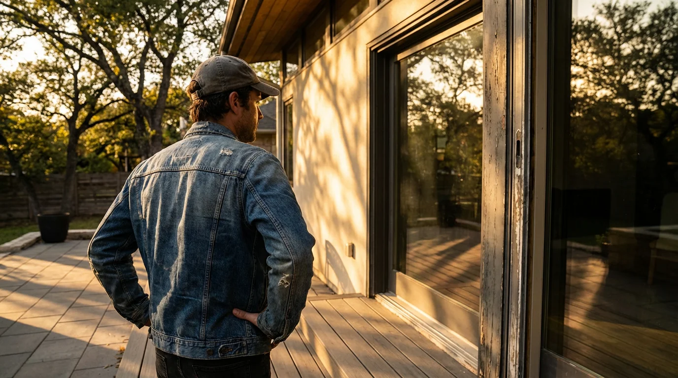 A person seen from over their shoulder assesses a sliding glass door at sunset.