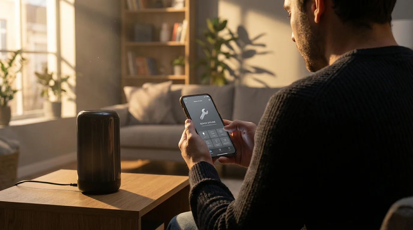 A person seen from over their shoulder troubleshooting a smart lamp with a smartphone.