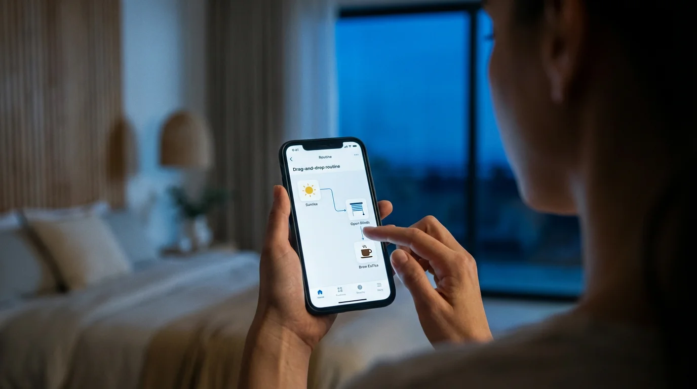 A person sets up a 'Good Morning' automation routine on a smartphone at dawn.