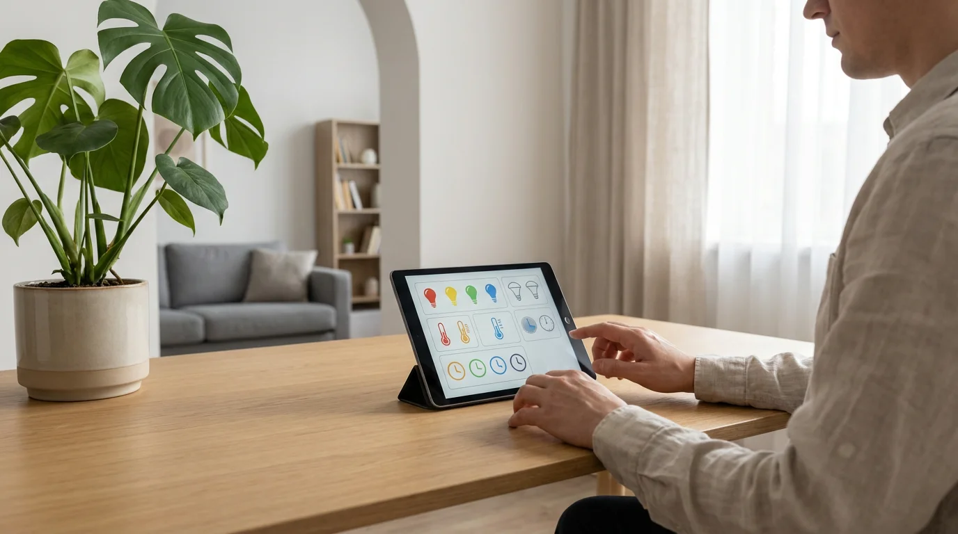 A person sits at a desk using a tablet to create a smart home schedule.