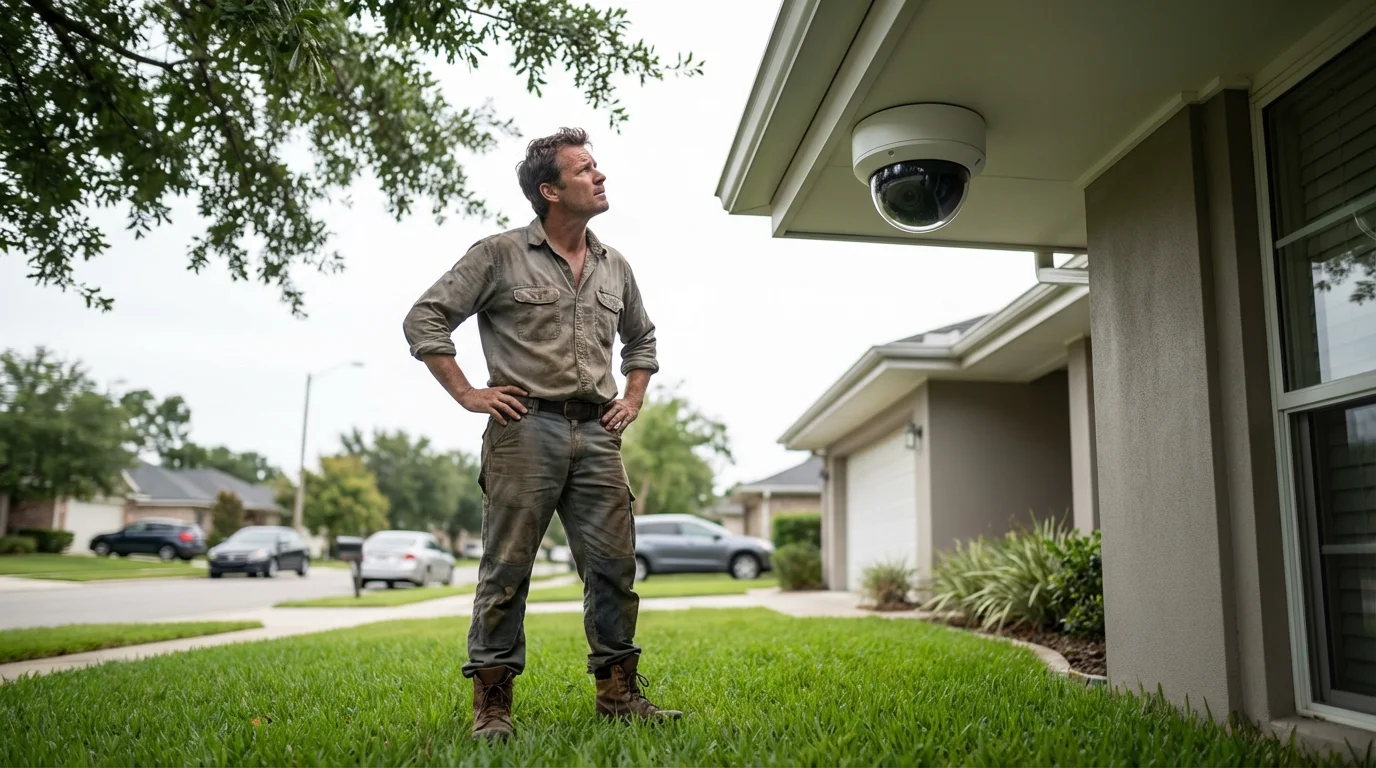 A person stands on their lawn, troubleshooting a security camera mounted on their house.