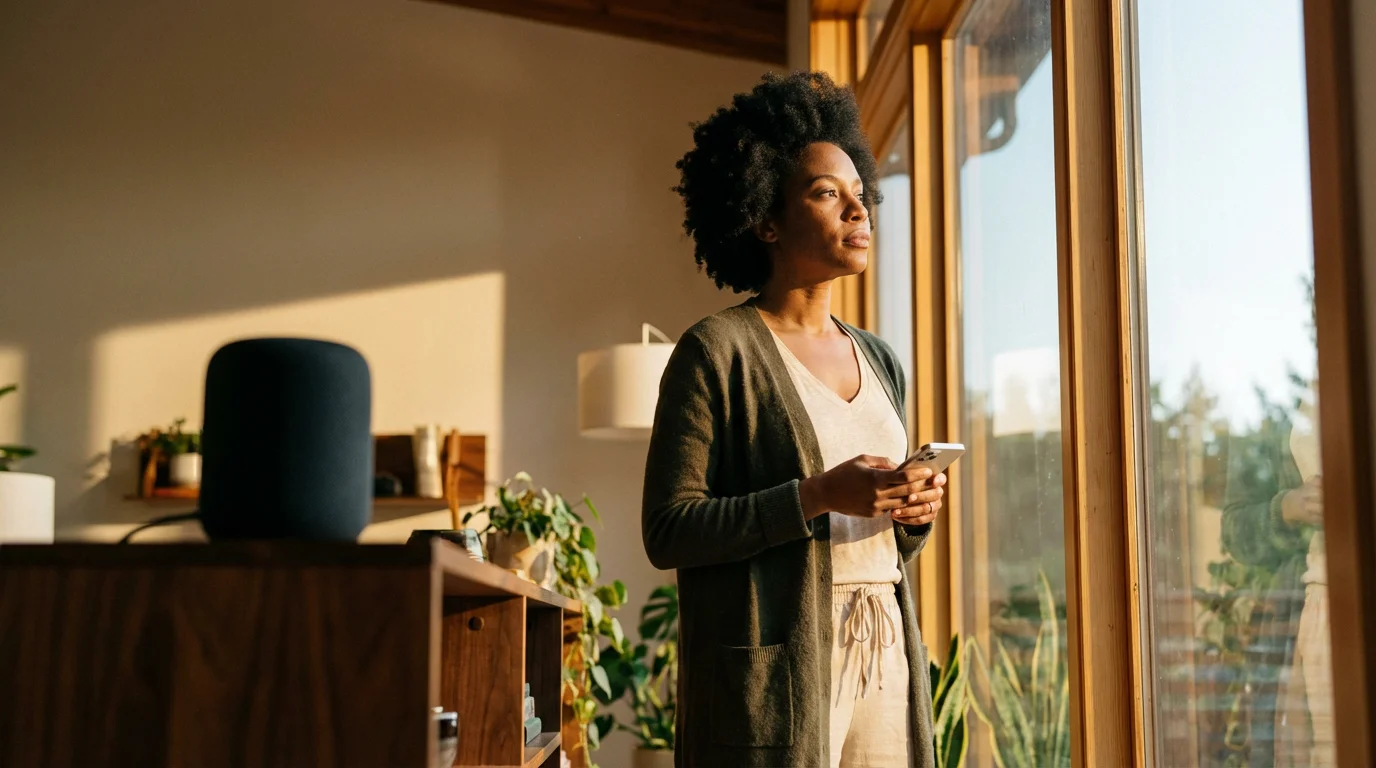 A person stands thoughtfully in a sunlit living room, considering a smart home decision.