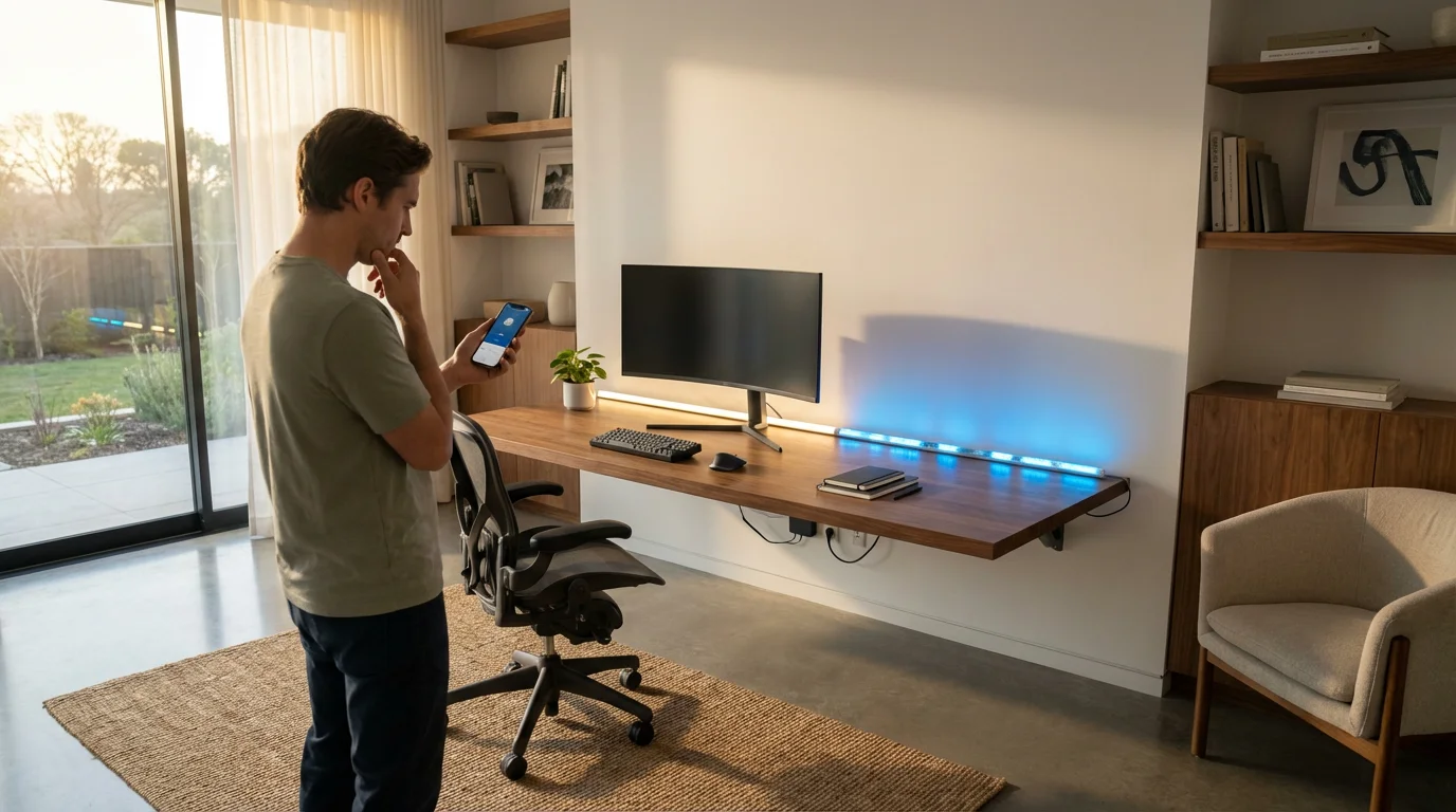 A person troubleshooting a malfunctioning smart LED strip light on a desk in a modern home office.