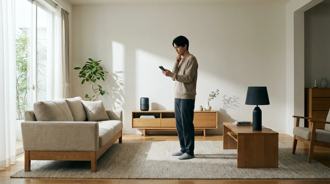A person troubleshooting a smart home issue in a modern, sunlit living room.