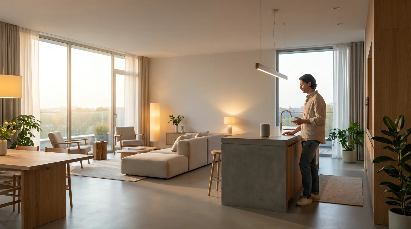 A person uses a smart speaker to turn on integrated smart lighting in a modern home.