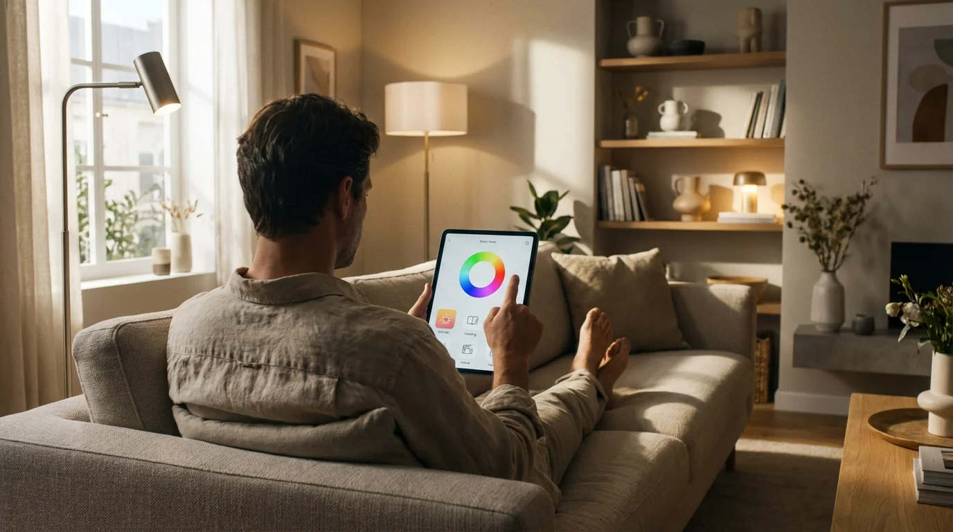 A person uses a tablet to control smart lighting scenes in a modern living room.